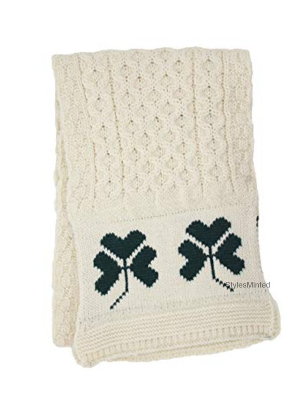 100% Merino Wool Cable Knit Irish Shamrock Scarf 9x60 Winter